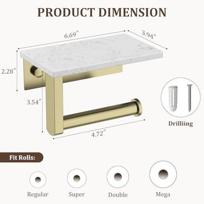 BWE Brushed Gold Toilet Paper Holder with Marble Shelf Wall Mounted | Toilet Paper Roll Holder with Phone Shelf 304 Stainless Steel Tissue Holder for Bathroom Washroom,Saving Space - color: Brushed Gold
