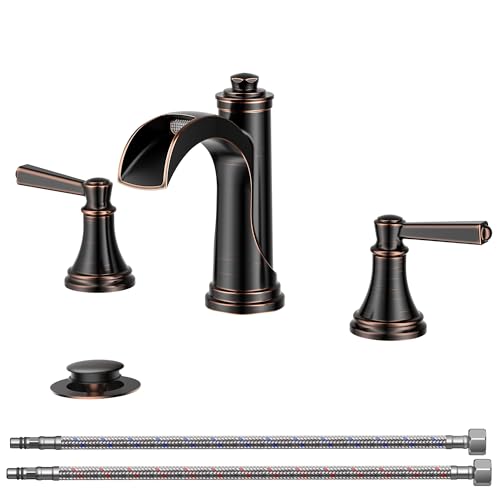 FORIOUS Oil Rubbed Bronze Bathroom Faucet 3 Hole, Waterfall Bathroom Faucet | 2 Handle Brass Waterfall Faucet for Bathroom Sink 3 Hole, 3 Pieces Antique Bronze Bathroom Faucet Widespread with Mteal Drain - color: Oil Rubbed Bronze