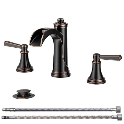 FORIOUS Oil Rubbed Bronze Bathroom Faucet 3 Hole, Waterfall Bathroom Faucet | 2 Handle Brass Waterfall Faucet for Bathroom Sink 3 Hole, 3 Pieces Antique Bronze Bathroom Faucet Widespread with Mteal Drain - color: Oil Rubbed Bronze