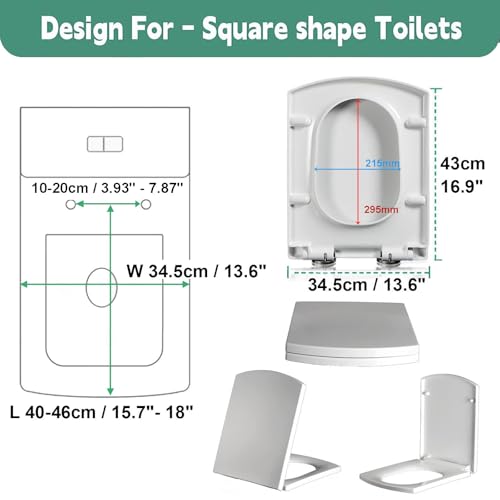 Toilet Seat Square Quick-Release Feature For Easy-Clean Adjustable Hinges 34 5X43Cm - size: 34.5*43cm