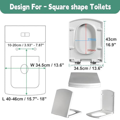 Toilet Seat Square Quick-Release Feature For Easy-Clean Adjustable Hinges 34 5X43Cm - size: 34.5*43cm