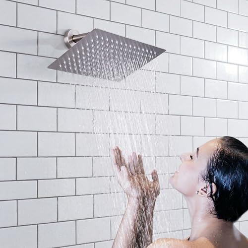 12 x 10 Inch Rain Shower Head Full Body Coverage, Brushed Nickel | Rainfall, Ceiling or Wall Mount, Waterfall, High Pressure, Square ALL Metal