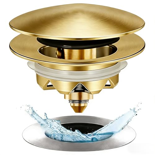 Anlige Bathtub Drain Stopper, Pop Up Tub Stopper and Cover, Bottom with Hair Catcher, Universal for 1.45 in to 1.8 in Drain, Replaces Old Drain Plug, Brushed Gold - color: Brushed Gold