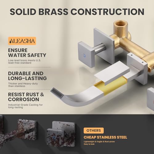 ALEASHA Wall-Mounted Bathroom Sink Faucet, Brushed Nickel Bathroom Faucet | Waterfall Bathroom Faucet with Two Handles, Brass Bathroom Sink Faucet, Wall-Mounted Washroom Faucets and Rough-in Valve - color: Brushed Nickel