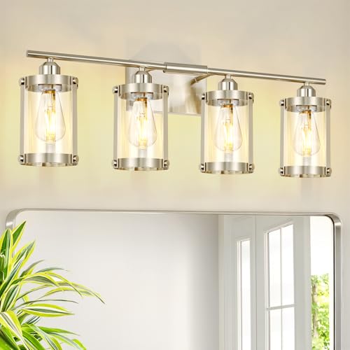 4-Light Brushed Nickel Bathroom Light Fixtures, 29 Inch Modern Bathroom Vanity Lighting Fixtures Over Mirror with Clear Glass and Metal Cage Wall Sconce Lights for Bath, E26, OS-3014BN-4W - color: Nickel + Clear Glass, size: 4-Light, 29" L