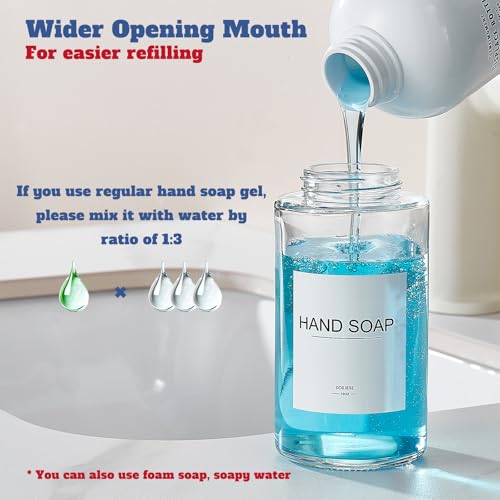 Glass Foaming Hand Soap Dispenser 10 oz Easy Refill 2 Sets | Stainless Steel Pump and Waterproof Labels, Glass Soap Dispenser, Clear Foam Soap Bottle for Bathroom Countertop - color: Brushed Nickel Foam 2pc