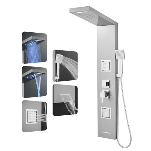 ROVOGO Shower Panel Tower System with Led Lights - Battery Powered, 46.5" | Rainfall Waterfall Shower Head, 2 Body Jets, Handheld and Tub Spout, Stainless Steel Shower Column with Brass Valves, Brushed - color: Brushed-2 jets
