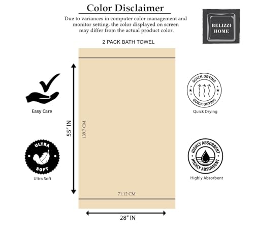 BELIZZI HOME 2 Pack Oversized Cotton Bath Towels, Tan, 28x55 inches - color: Tan