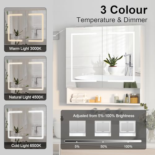 Lighted Medicine Cabinet with 2 Doors,Large Led Medicine Cabinet with Mirror,Anti-Fog, Wall-Mounted Bathroom Mirror with Storage,Brightness Adjustable,31.5" Wx30 H