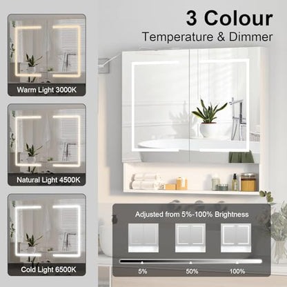 Lighted Medicine Cabinet with 2 Doors,Large Led Medicine Cabinet with Mirror,Anti-Fog, Wall-Mounted Bathroom Mirror with Storage,Brightness Adjustable,31.5" Wx30 H