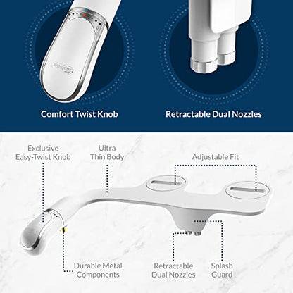 Bio Bidet SlimTwist Bidet Attachment for Toilet, Non Electric, Retractable Dual Nozzles, Adjustable Water Pressure, Splash Guard, Easy Install, White - style: Comfort Twist