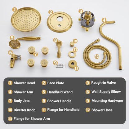 DASAN Antique Shower Faucet Sets Complete Rain Shower System in Wall with Body Shower Spray Jets, Brushed Gold Shower Fixtures with 9'' Rainfall Overhead Shower, Handheld, Valve & Trim Kit, AT249W-BTG - color: Brushed Gold