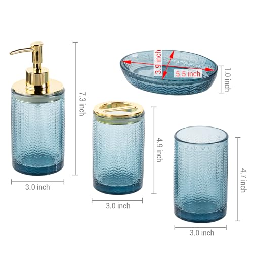 MyGift 4 Pcs Glass Bathroom Accessories Set with Toothbrush Holder, Soap Dish, Pump Dispenser, Tumbler Cup, Blue Bathroom Decor, Modern Embossed Chevron Design