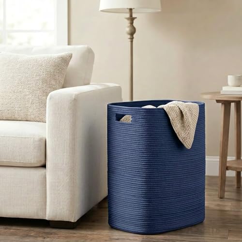 Large Laundry Hamper 16"x13"x22" - Tall Woven Baby Laundry Basket, Cotton Rope Dirty Clothes Hamper Bin, Blanket Storage for Living Room, Nursery Bedroom Aesthetic, Soft Dark Blue Hamper, 75L - color: Blue