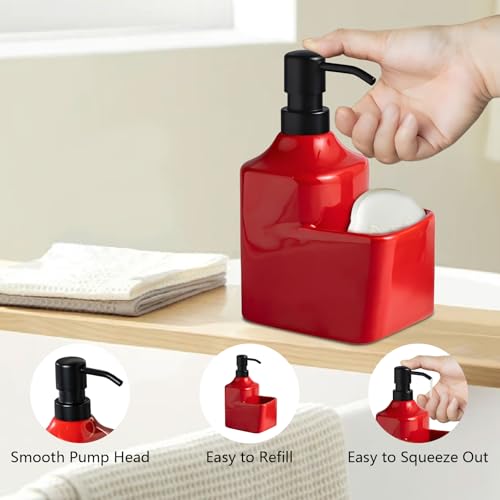 Gets Soap Dispenser Red Ceramic Pump Bottle with Storage Holder | Countertop Liquid Hand Wash Bottle with Organizer Tray for Bathroom, Kitchen, Refillable Modern Dispenser for Vanity Sink - size: Red With Sponge Holder