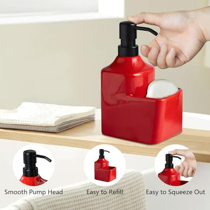 Gets Soap Dispenser Red Ceramic Pump Bottle with Storage Holder | Countertop Liquid Hand Wash Bottle with Organizer Tray for Bathroom, Kitchen, Refillable Modern Dispenser for Vanity Sink - size: Red With Sponge Holder