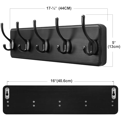 SKOLOO Rustic Wall Mounted Coat Rack, Case of 2, Pine Solid Wood Coat Hook Hanger - 5 Hooks for Hanging Clothes Robes Towels Coats - color: Black Plate & Black Hook, size: 2 Item-5 Hooks