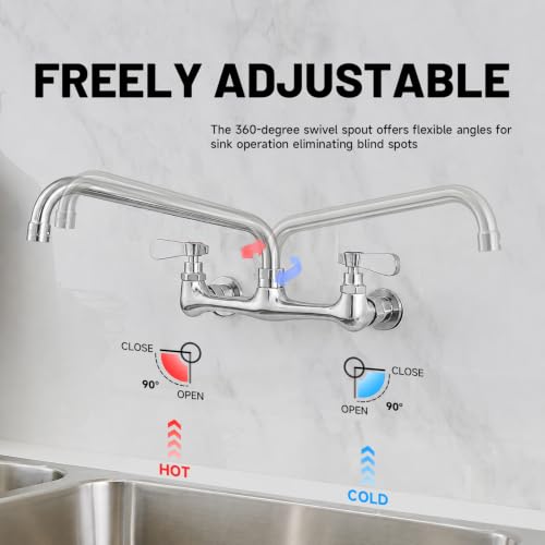 Wall Mount Kitchen Faucet 16" Gooseneck Swivel Spout, Chrome | Lead-Free Solid Brass,Dual Handle Hot/Cold,8" Center,Commercial Sink Faucet for Laundry Restaurant Utility Sinks,Rustproof - size: 16 Inch