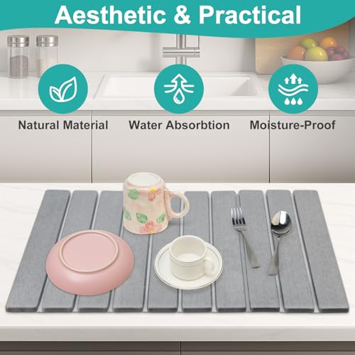 Large Stone Dish Drying Mat for Kitchen Sink Diatomite Countertop Dish | Diatomaceous Earth Mat Dishes Drainer Drying Tray Water Absorbent Quick Draining Pads Fast Foldable Bathroom Drying Mats - color: Light Gray