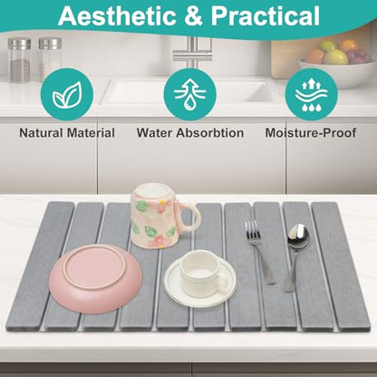 Large Stone Dish Drying Mat for Kitchen Sink Diatomite Countertop Dish | Diatomaceous Earth Mat Dishes Drainer Drying Tray Water Absorbent Quick Draining Pads Fast Foldable Bathroom Drying Mats - color: Light Gray