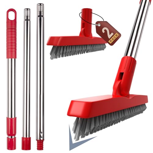2 Pack Grout Brush with Long Handle, Swivel Cleaning Grout Line Scrubber - Extendable Durable Handle Grout Cleaner Brush for Bathroom,Tile,Baseboard,Walk in Shower,Corner & Narrow Space (Red) - color: Red