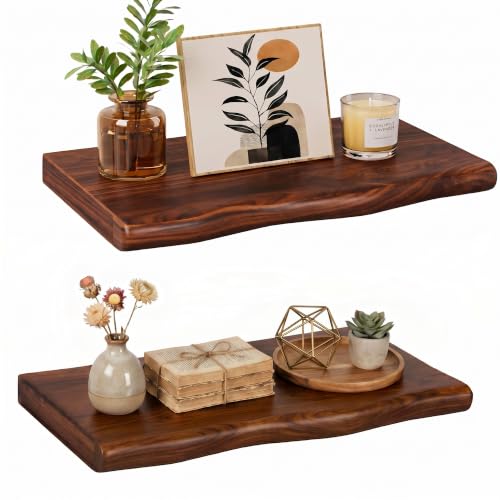 Solid Wood Live Edge Floating Shelves Set of 2 – 16" Rustic Wall Shelf with Hidden Bracket System, Wall Mounted Shelves for Bathroom, Kitchen, Living Room, Bedroom (Walnut) - color: Walnut, size: 16inch