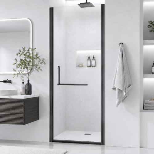 28-29.2" W x 72" H Single Frameless Pivot Swing Shower Door | 1/4" Clear SGCC Tempered Glass with a 24.1" walk-in opening, Matte Black Finish, Adjustable Width, Reversible Installation - color: Matte Black, size: 28" - 29.2"