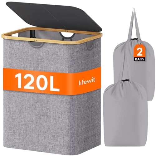 Lifewit 120L Laundry Basket with Lid, Clothes Hampers for Laundry with Bamboo Handles and 2 Removable Bag, Large Foldable Laundry Hamper for Bedroom, Bathroom, Dorm, Laundry Room, Light Gray - color: Light Gray, size: 120L