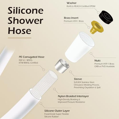 Shower Hose Extra Long, Ultra-Soft Silicone Shower Hose Replacement, Anti-Kink Designed Handheld Shower Head Hose Extension with Brass Insert and Nut, 69 Inches, White - color: White, size: 69 Inches