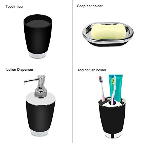 Bathroom Accessories Set, 6-Piece Plastic Gift Set, Toothbrush Holder, Toothbrush Cup, Soap Dispenser, Soap Dish, Toilet Brush Holder, Trash Can (Black) - color: Black