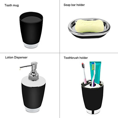 Bathroom Accessories Set, 6-Piece Plastic Gift Set, Toothbrush Holder, Toothbrush Cup, Soap Dispenser, Soap Dish, Toilet Brush Holder, Trash Can (Black) - color: Black