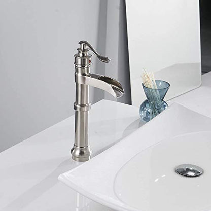 Waterfall Vessel Sink Faucet Single Hole Brushed Nickel | Bath Vanity, Commercial Deck Mount, Single Handle, Pop Up Drain and Supply Lines Included, Smooth Round Safe Edges - color: Brushed Nickel