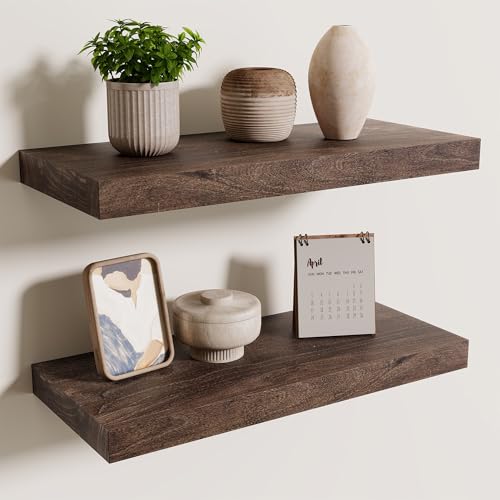 Axeman Floating Shelves for Wall, 18''W x 8'' D Rustic Solid Elm Wood Shelves for Storage, Wall Mounted Display Shelving with Invisible Heavy-Duty Metal Bracket (Walnut, 2PCs) - color: Walnut With Flat Edge, size: 18 inches - 2P