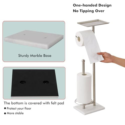 Toilet Paper Holder with Tray at The Top, Sturdy Marble Base No Wobby, Holding Extra 3 Toilet Paper Rolls As Spare Use, Freestanding No Drilling (Brushed Nickel) - color: Brushed Nickel