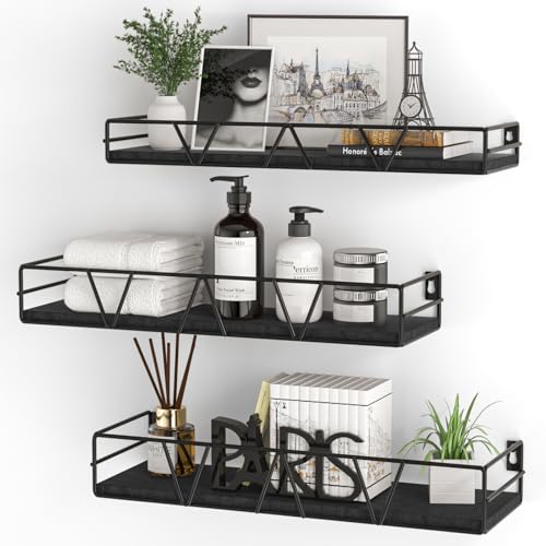 Floating Shelves Set of 3, Wood Wall Shelf, Farmhouse Shelf for Bedroom | Wall Mounted Floating Shelf for Living Room, Bedroom, Bathroom, Kitchen, Office - color: Black 2