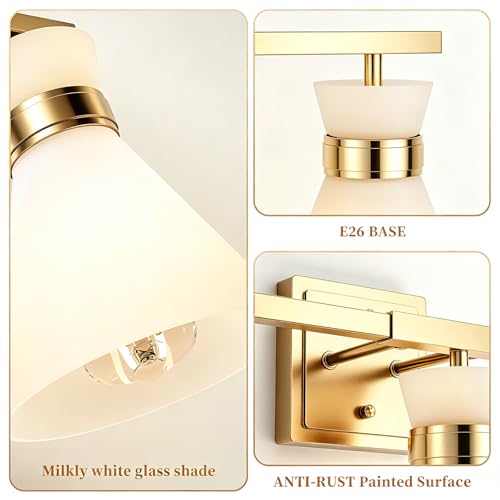 Brushed Gold Bathroom Vanity Lights, 3-Light Bathroom Light fixtures Over Mirror, Modern Vanity Lighting Fixtures with Frosted Glass Shades E26 Base,Wall Mount Scones for Mirror (Bulbs Not Included) - color: Gold