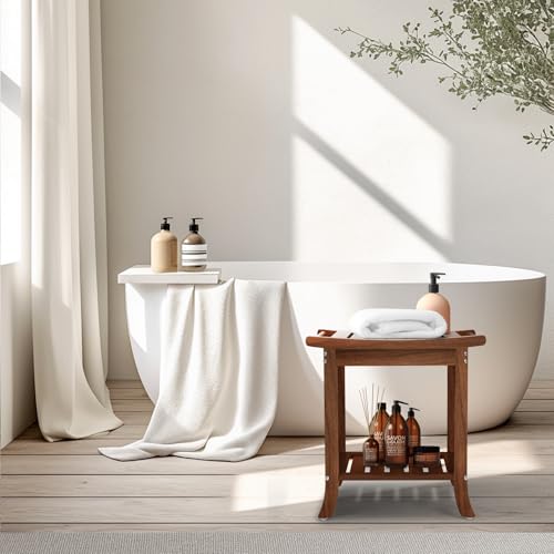 Teak Shower Benches for Inside Shower – Waterproof Wood Shower Stool with Storage Shelf, Non-Slip Spa Bathroom Seat Chair for Adults & Seniors, Ideal for Relaxing and Home Use