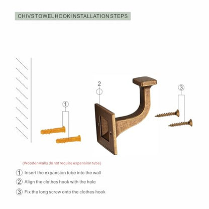 CHIVS Heavy Duty Sold Zinc Towel Hooks, Wall Mounted Square Robe Hooks for Bathroom, Kitchen, Bedroom, Hotel ，Antique Brass Wall Hook 5 Pack - color: Antique Brass