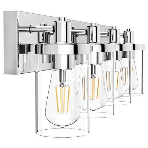Aipsun Bathroom Vanity Light Farmhouse 4 Light Chrome Vanity Lighting Fixtures with Clear Glass Shade(Exclude Bulb) - color: Chrome, size: 4-Light