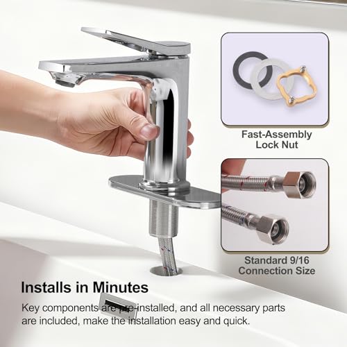 Rbrohant Single Hole Bathroom Faucet, Polished Chrome Single Handle Bathroom Sink Faucets for 1 Hole,Bathroom Vanity Faucet with Pop up Drain and Cover Plate, Deck Mount, R2001-PCP - color: Polished Chrome, style: With Escutcheon