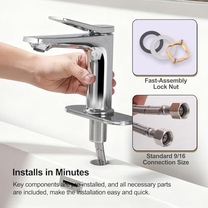 Rbrohant Single Hole Bathroom Faucet, Polished Chrome Single Handle Bathroom Sink Faucets for 1 Hole,Bathroom Vanity Faucet with Pop up Drain and Cover Plate, Deck Mount, R2001-PCP - color: Polished Chrome, style: With Escutcheon