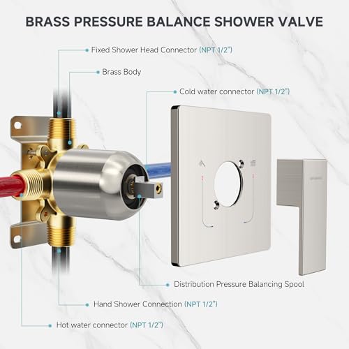 SR SUN RISE Shower Faucet Set & System - 12 Inch Rainfall Shower Head & Handle Set Wall Mounted Brushed Nickel Solid Brass Valve Trim Kit Included - color: Brushed Nickel, size: 12 Inch