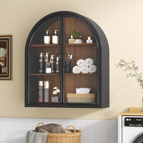 Arched Wall Cabinet with Clear Glass Door, NO Assembly | Metal Frame, 12MM Wooden Shelves, Handcrafted Arched Design, 40-lb per Tier, 5MM Tempered Glass, for Bathroom Wall Medicine - style: 2 Clear Glass Doors - Style 2