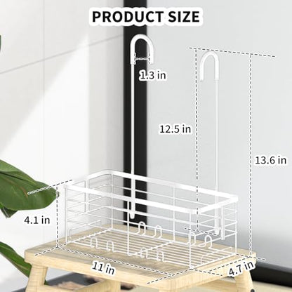 SHANSHUI Shower Caddy Hanging Bathroom Organizer Basket, Shampoo Bracket, Over Door Showers Caddy with Hooks, 304 Stainless Steel Rust Proof Rack- White - size: 10.98"D x 4.7"W x 13.6"H