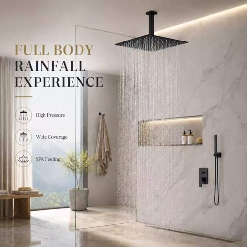 Black Rainfall Shower Head BSTIIU 16 Inch Square Ceiling Mounted Showerhead, Ultra Thin Stainless Steel Overhead Shower Head, Matte Black - color: Matte Black, size: 16-Inches, style: Square