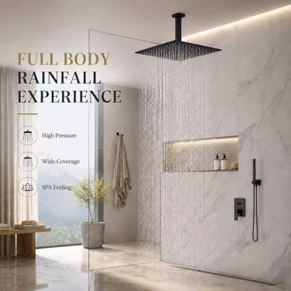 Black Rainfall Shower Head BSTIIU 16 Inch Square Ceiling Mounted Showerhead, Ultra Thin Stainless Steel Overhead Shower Head, Matte Black - color: Matte Black, size: 16-Inches, style: Square