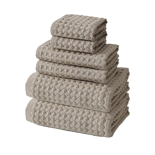 SK Studio 6 Piece Khaki Bath Towels Set Cotton Waffle Bathroom Towels | 2 Bath Towels, 2 Hand Towels, 2 Washcloths Quick Dry for College Dorm, Spa - color: Khaki
