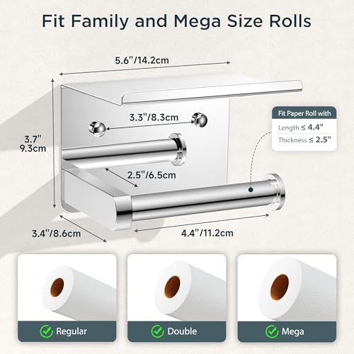 FORIOUS Toilet Paper Holder with Shelf, Adhesive or Screw, Chrome | Wall Mount Toilet Paper Roll Holder for Bathroom, Stainless Steel Commercial Toilet Tissue Roll Dispenser with Phone Shelf - color: Chrome