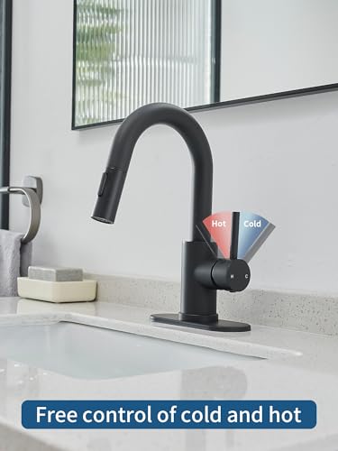 Black Bathroom Sink Faucet with Pull Out Sprayer for Sink 1 Hole,Bar Sink Faucet with Pop-Up Drain,Stainless Steel Single Handle Kitchen Faucet 360°Swivel Bathroom Faucets for Two Water Outlet Modes - color: Black, style: Pull-out