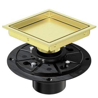 EXF Square Shower Drain 6 Inch Brushed Gold with Tileable Grate | Stainless Steel, Anti-Clog, Removable Grate Hair Strainer, for Modern Bathroom Remodel Curbless Shower - color: Brushed Gold, size: 6 IN